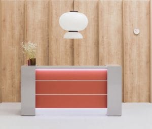 Valde small rectangular red and white reception desk