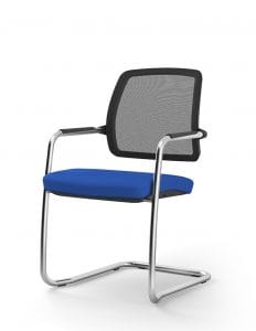 Ramunas chair with blue upholstered seat and black mesh backrest