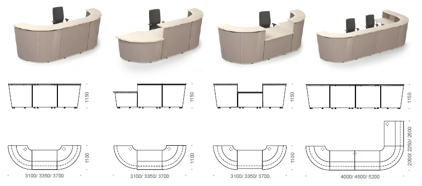 Curved reception desks with 3 and 5-part layouts