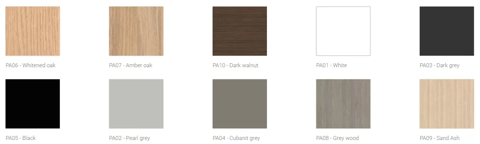 melamine finishes: Whitened oak; Amber oak; Dark walnut; White Dark; grey Black Pearl; grey Cubanit; grey Grey wood; Sand Ash