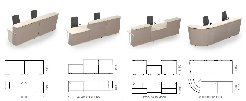Straight and corner combination reception desks (3 modules)