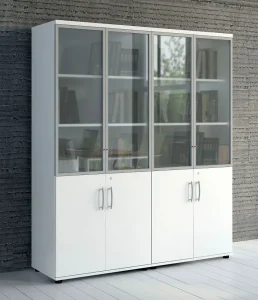 two tall bookcases with doors