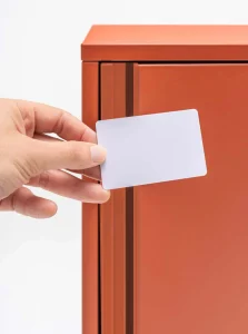 Red locker cabinet with card lock