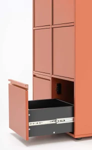 Red locker cabinet with open drawer