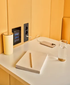 control pannel, socket and table inside acoustic booth