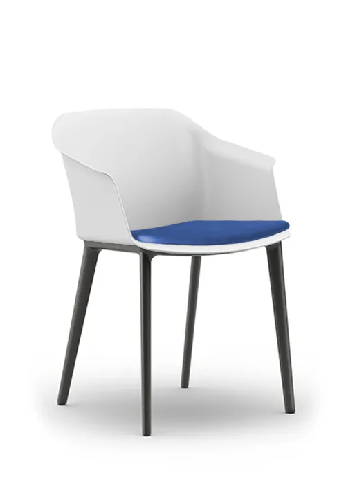 Aran chair with white shell and dark blue upholstered seat