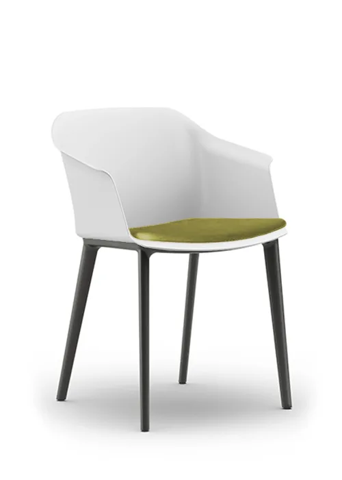 Aran tube chair with white shell and yellow upholstered seat