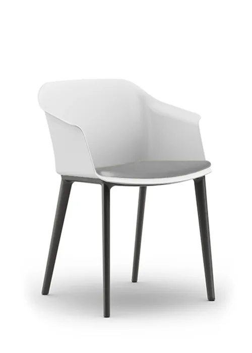 Aran chair with white shell and grey upholstered seat