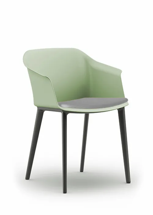 Aran chair with green shell and gray upholstered seat