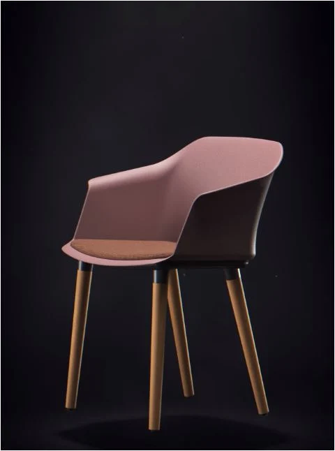 Aran tube chair with powder pink shell, brown upholstered seat and oak legs