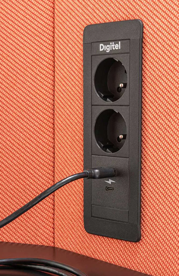 Coda acoustic booth power sockets and USB charging port close-up